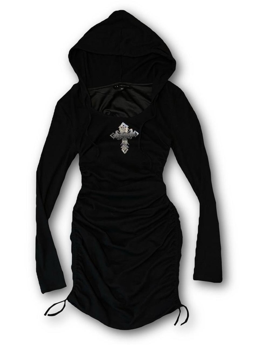 Black Hooded Long-Sleeve Ruched Mini Dress with Rhinestone Cross Detail